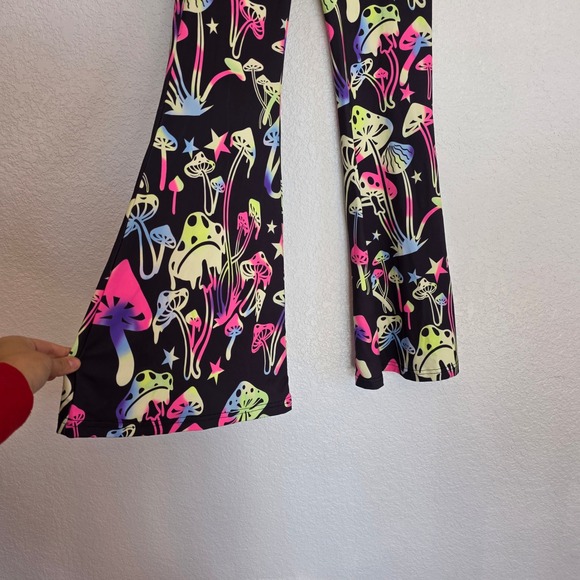 Shein Neon Mushroom Print Flare Leg Pants Black High Waisted Bell Bottoms XS - Picture 4 of 7